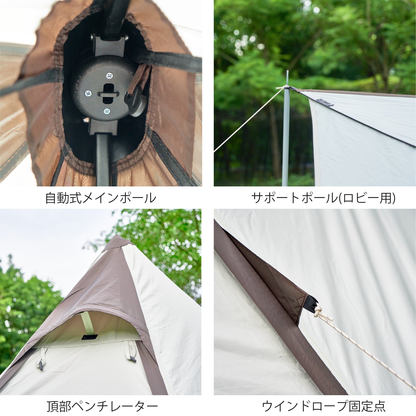 アウトドア キャンプ 二重構造 防雨型ピラミッド型荒野用インディアンスタイルテント センターポールなし シルバー